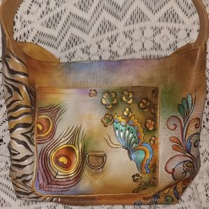 Anuschka Hand Painted Leather Shoulder Handbag Purse Butterfly Peacock Feather